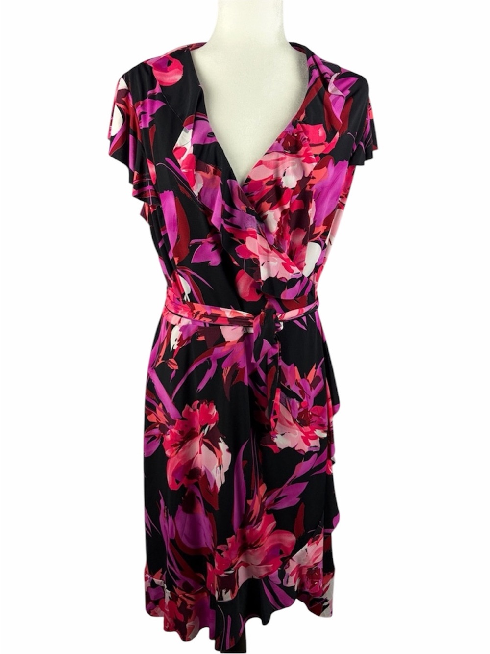Tiana B. Floral True Wrap Dress Size Large Black Pink Flutter Sleeve